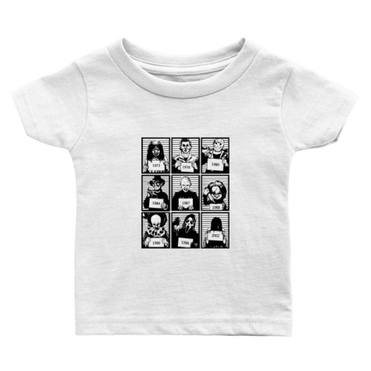 Horror Movie Killers Mugshots Vintage Baby T Shirts, Scary Movie Baby T Shirts, Halloween Horror Movie Characters Baby T Shirts, 80s Horror