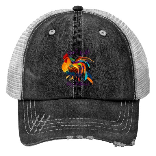 Don't Ruffle My Feathers, Colorful Rooster on White Print Trucker Hats
