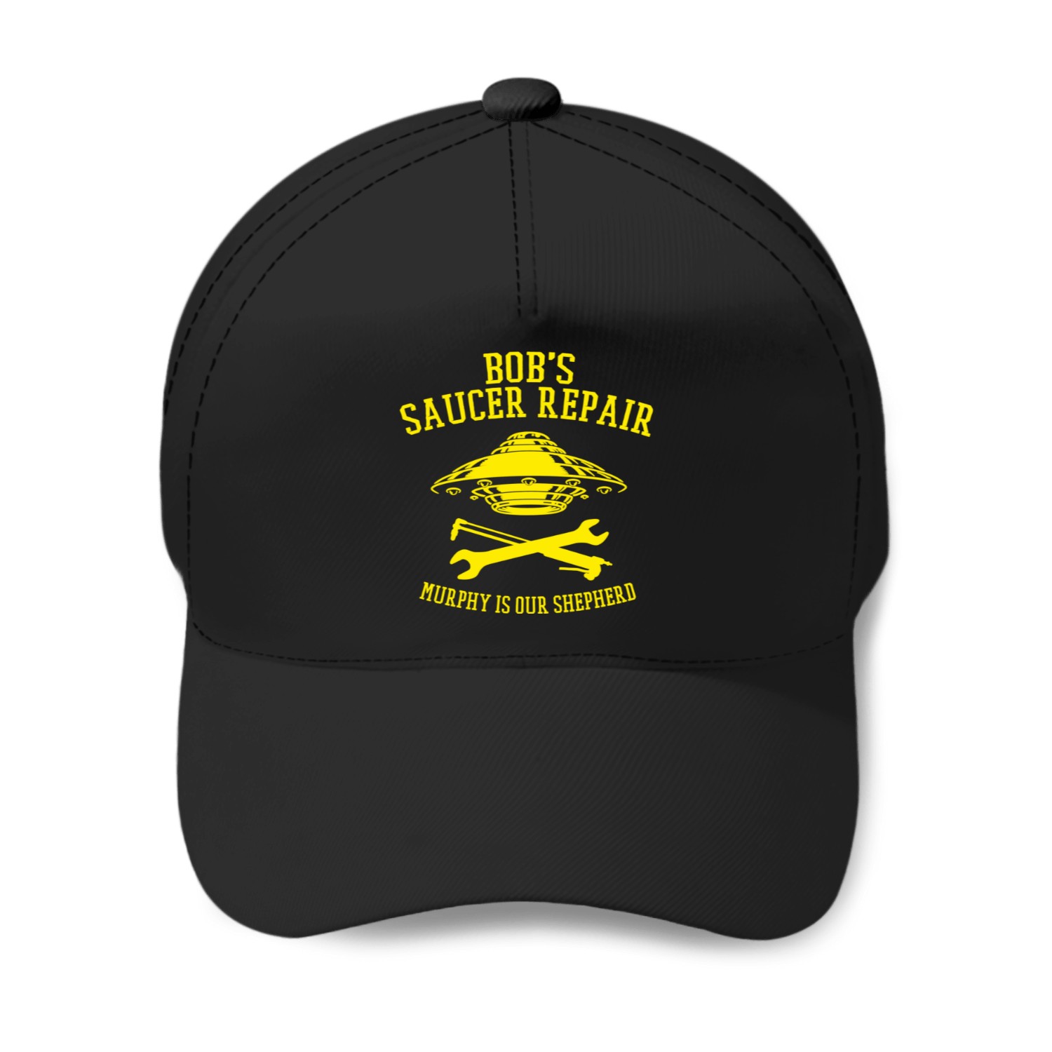 Baseball Caps With Yellow Bob's Saucer Repair Logo