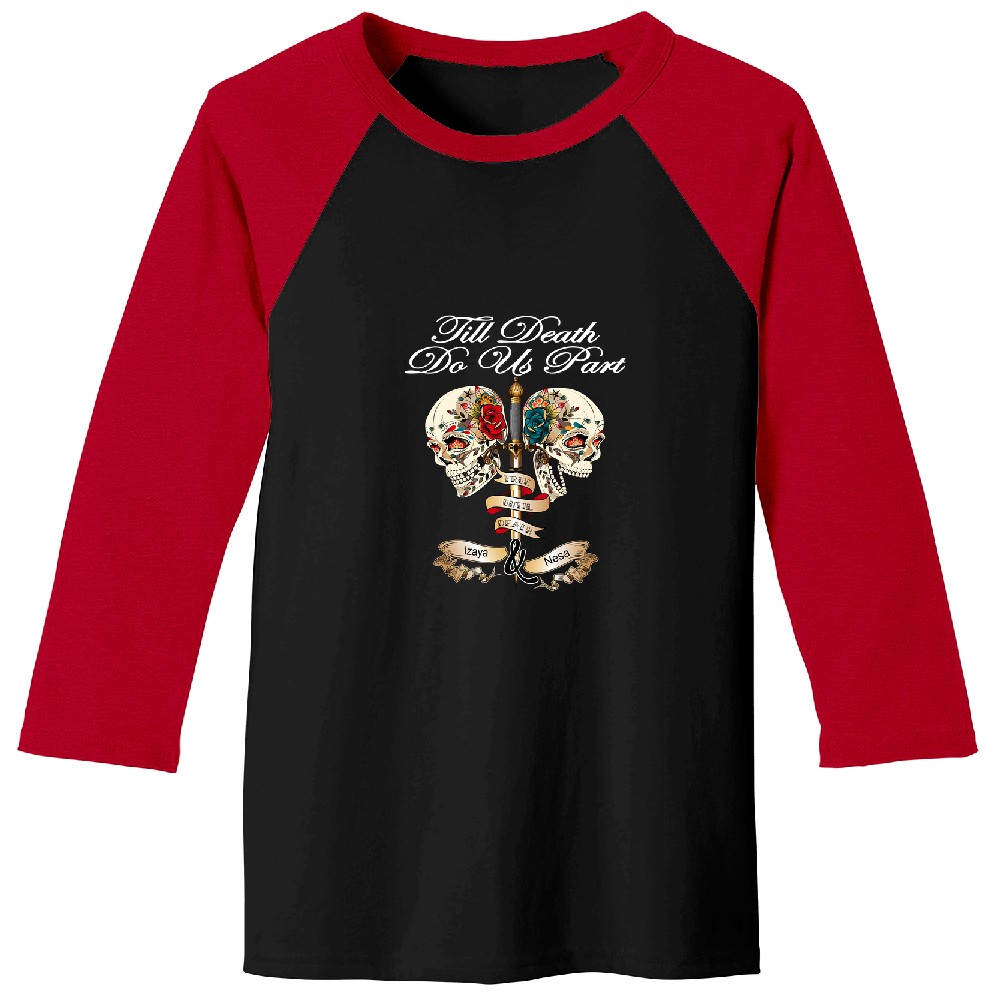 Discover Couple Personalized Till Death Do Us Part Custom Names Matching Backprint Unisex Baseball Tees