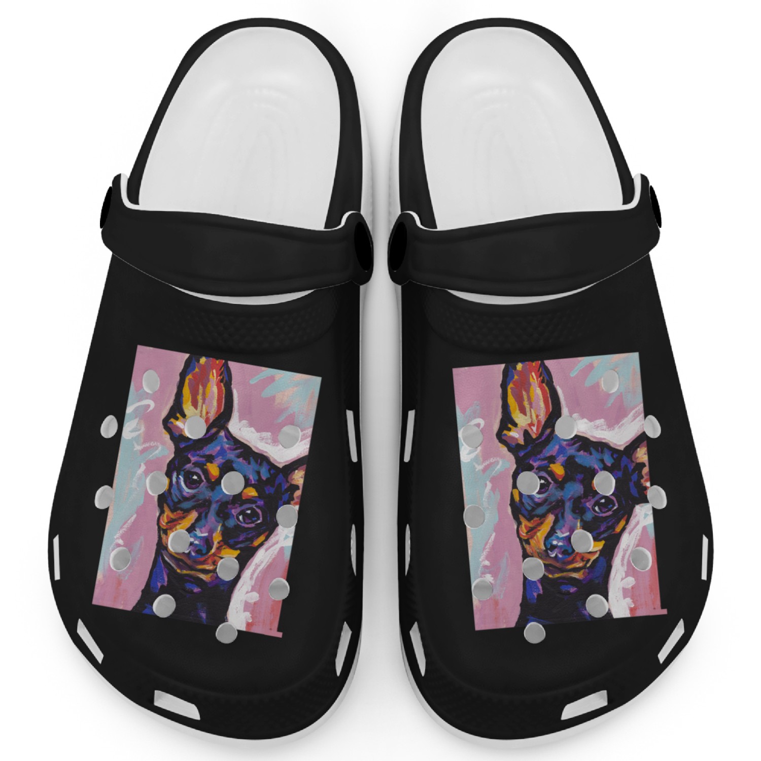 Miniature Pinscher Dog Bright Colorful Pop Dog Art Clogs