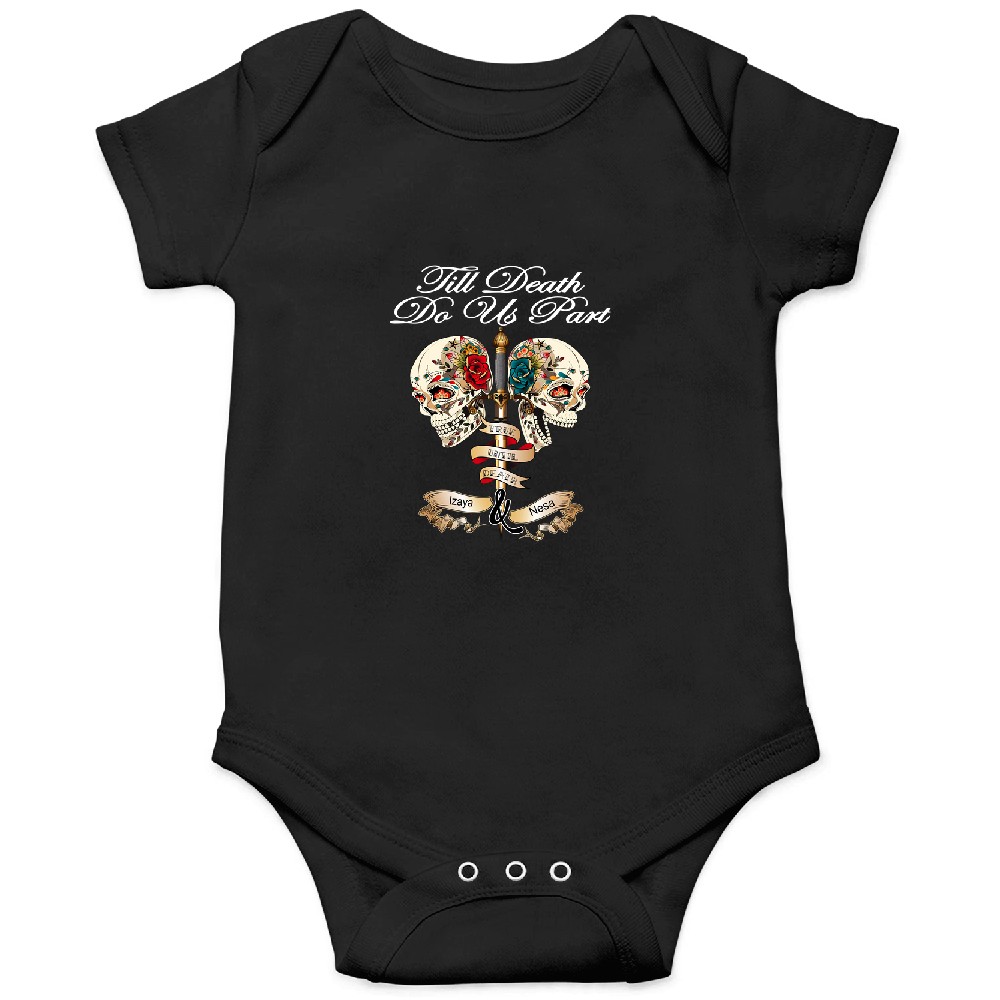Discover Couple Personalized Till Death Do Us Part Custom Names Matching Backprint Unisex Onesies