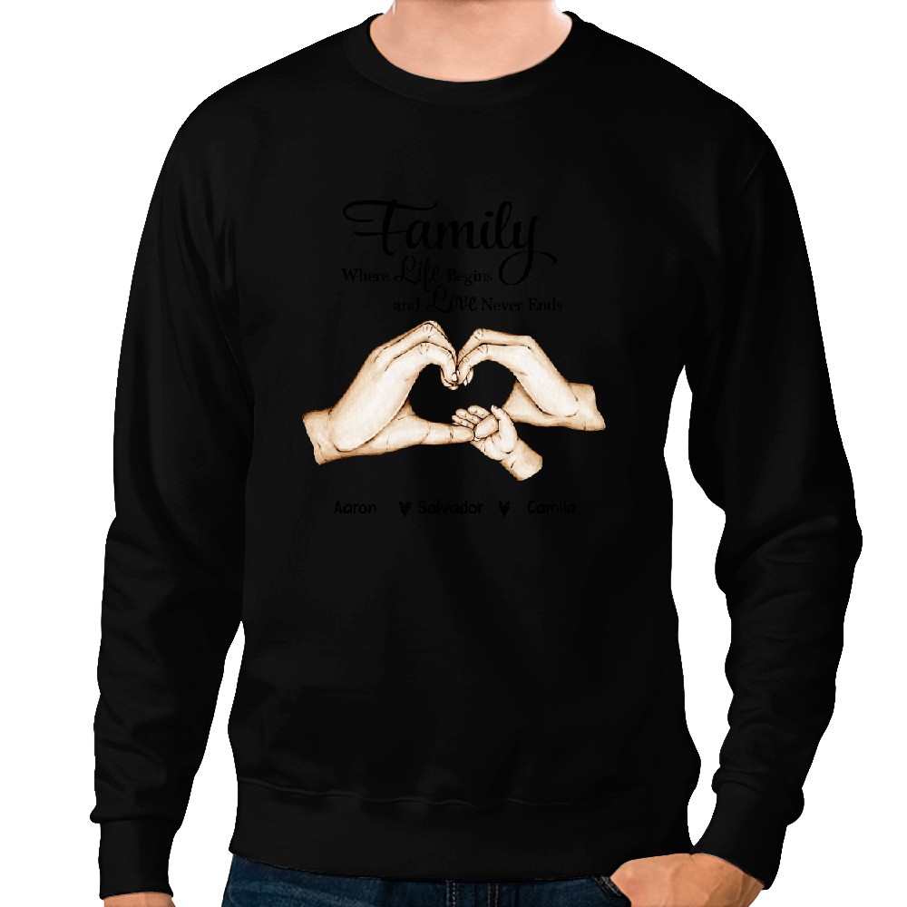 Discover Family Heart Hand Custom Name, Where Life Begins And Love Never Ends Personalized Sweatshirts