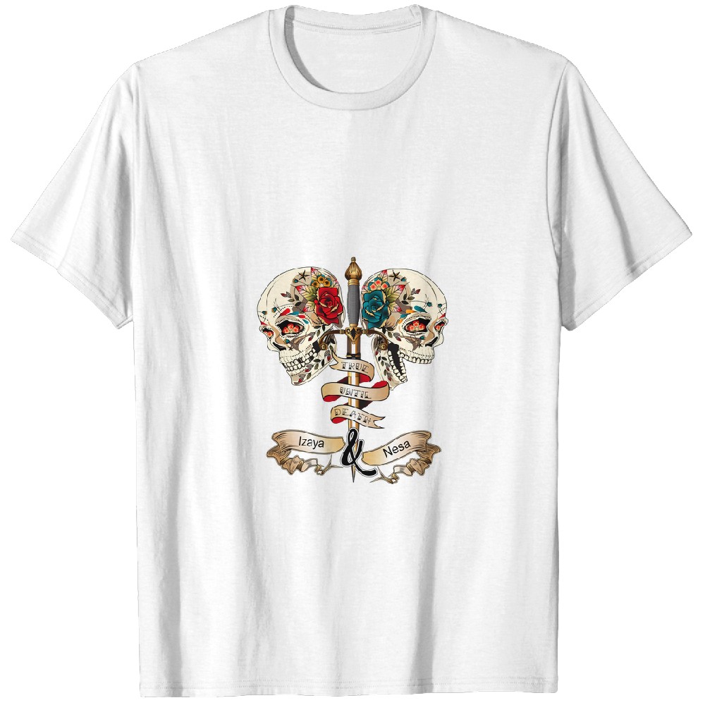 Discover Couple Personalized Till Death Do Us Part Custom Names Matching Backprint Unisex T-Shirts